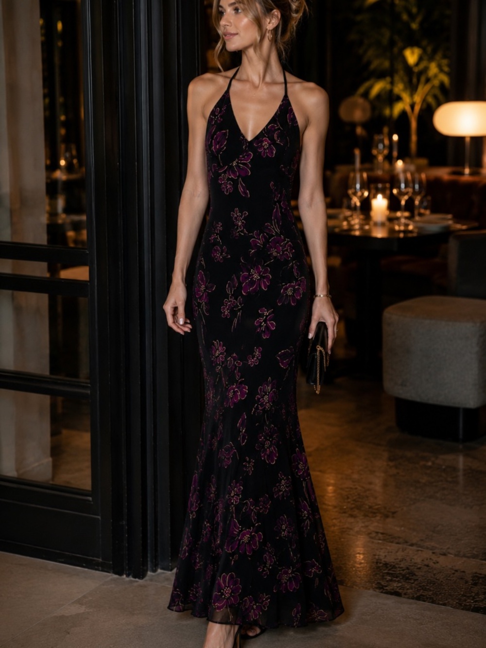 Betsey Johnson Black Floral Mermaid Dress Size 8 | Fuchsia & Gold Detail